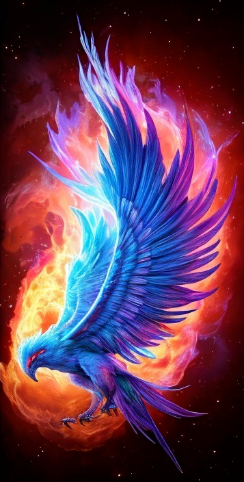 Phoenix Soaring with Vibrant Feathers Against Flames