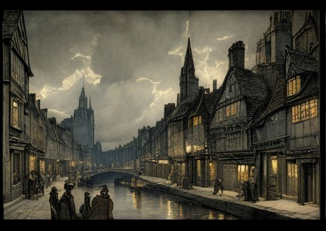 Historic street scene at dusk by a serene canal