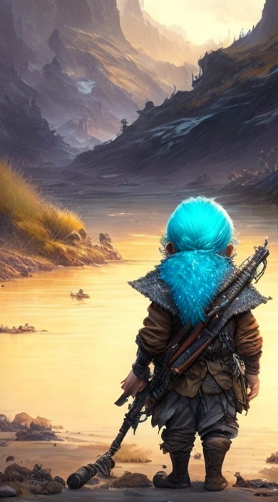 Whimsical Character in Serene Mountain Landscape