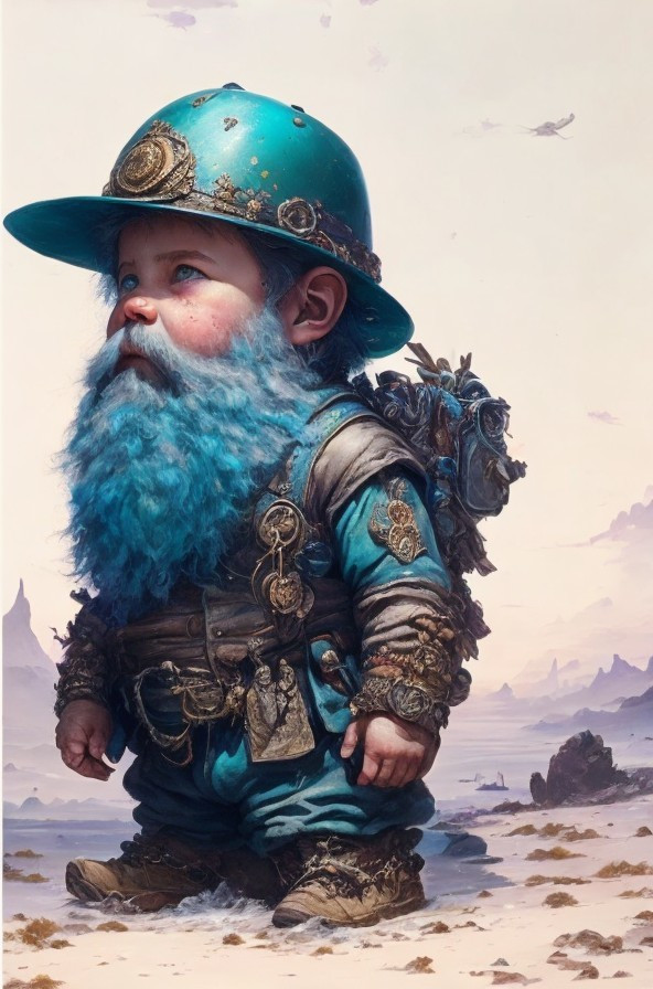 Whimsical Gnome Character in Steampunk Landscape