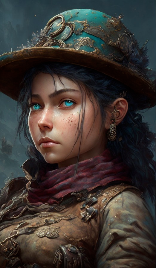 Portrait of a girl with blue eyes and ornate hat