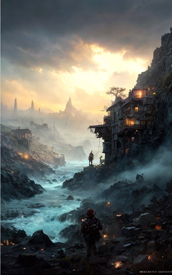 Lone Figure by Turbulent River at Sunset Landscape