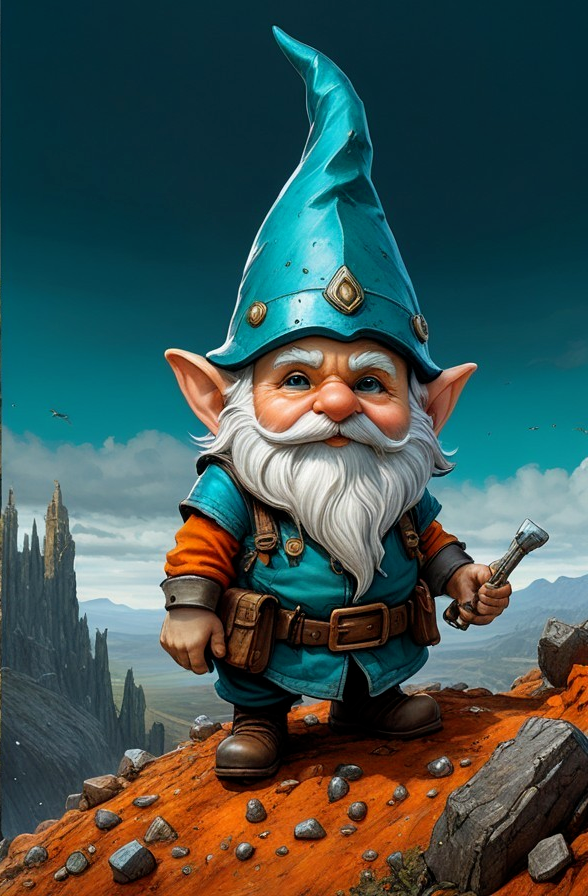 Whimsical Gnome on Rocky Outcrop with Scenic Mountains
