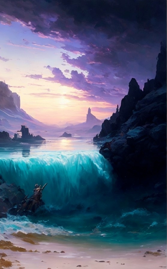 Tranquil Seascape at Sunset with Cliffs and Waves