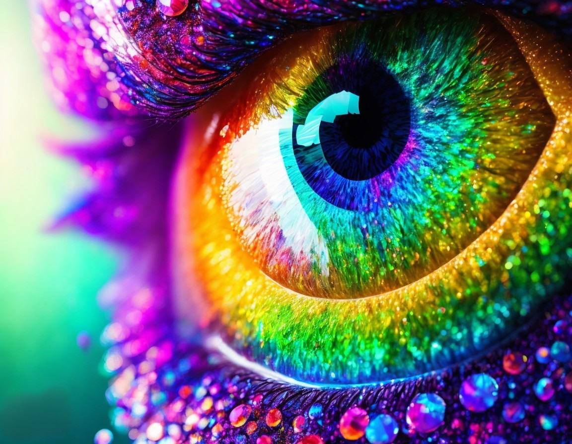 Close-up of a vibrant, multicolored eye with glitter