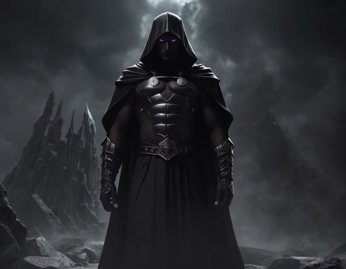 Mysterious Figure in Dark Landscape with Blue Eyes