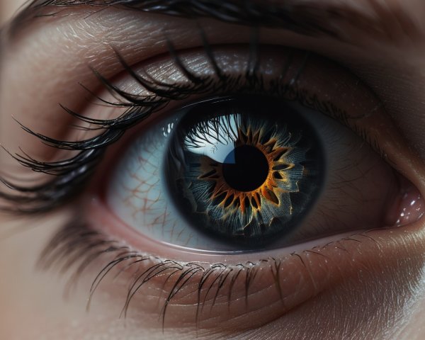 Close-up of a human eye with sunflower-patterned iris