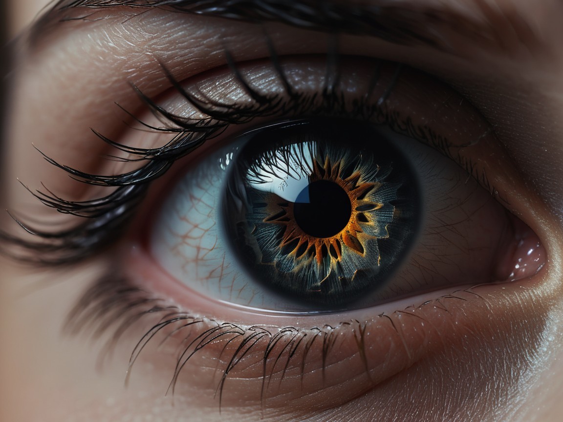 Close-up of a human eye with sunflower-patterned iris