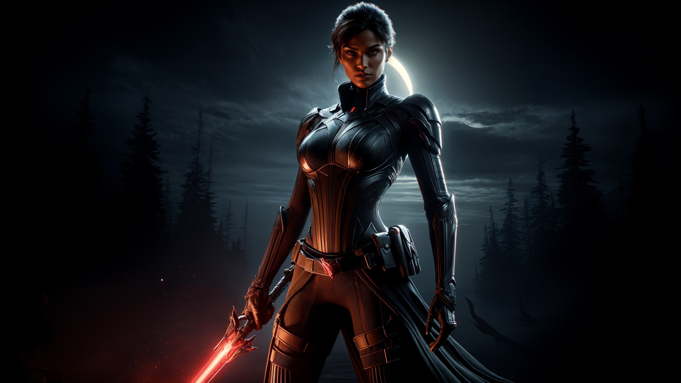Fierce Female Character in Dark Armor with Lightsaber