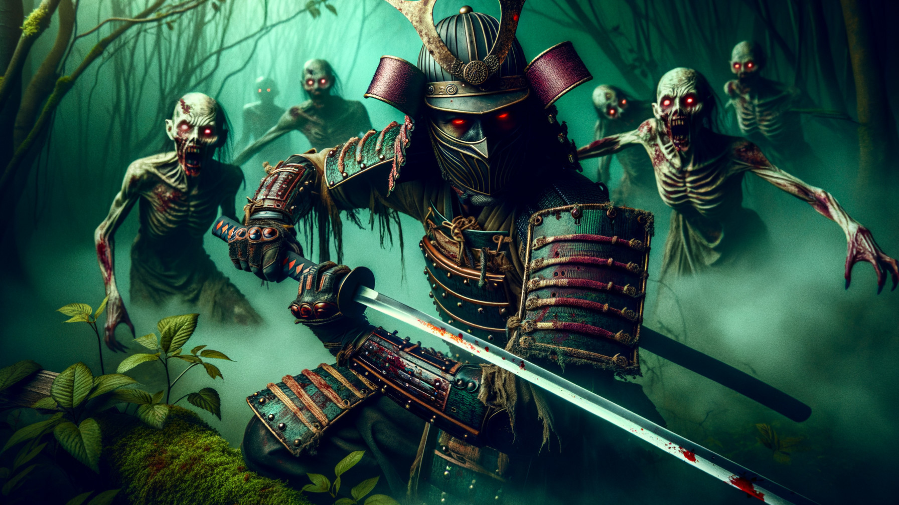 Samurai in Armor Faces Undead Horde in Foggy Forest