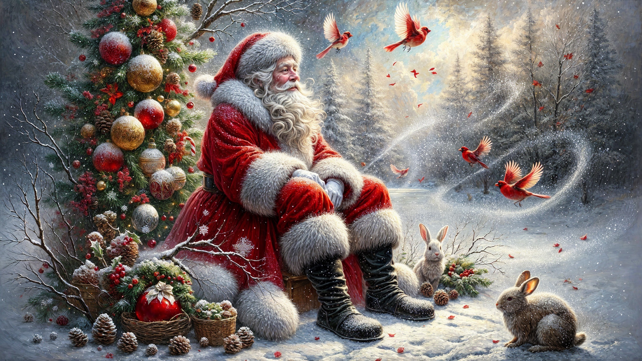 Cozy Winter Scene with Santa and Snowy Landscape