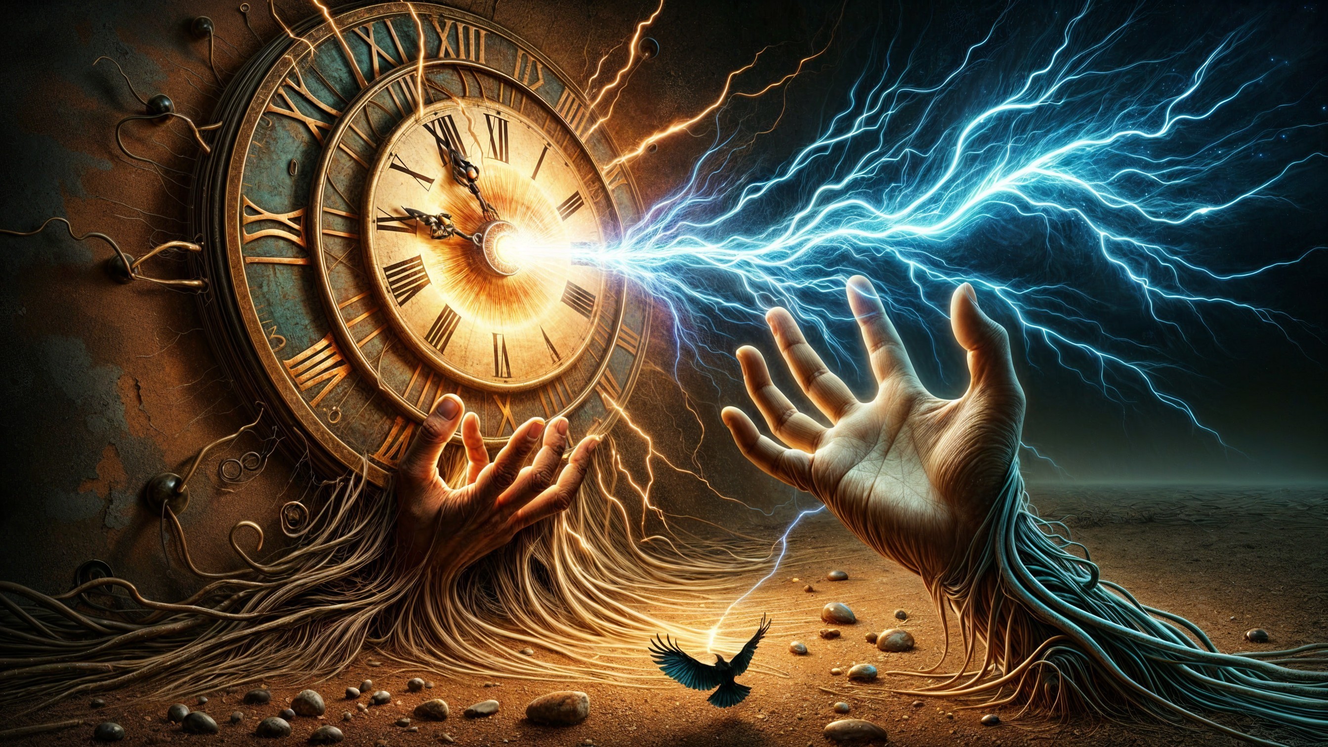 Surreal Scene of Clock with Glowing Hands and Lightning