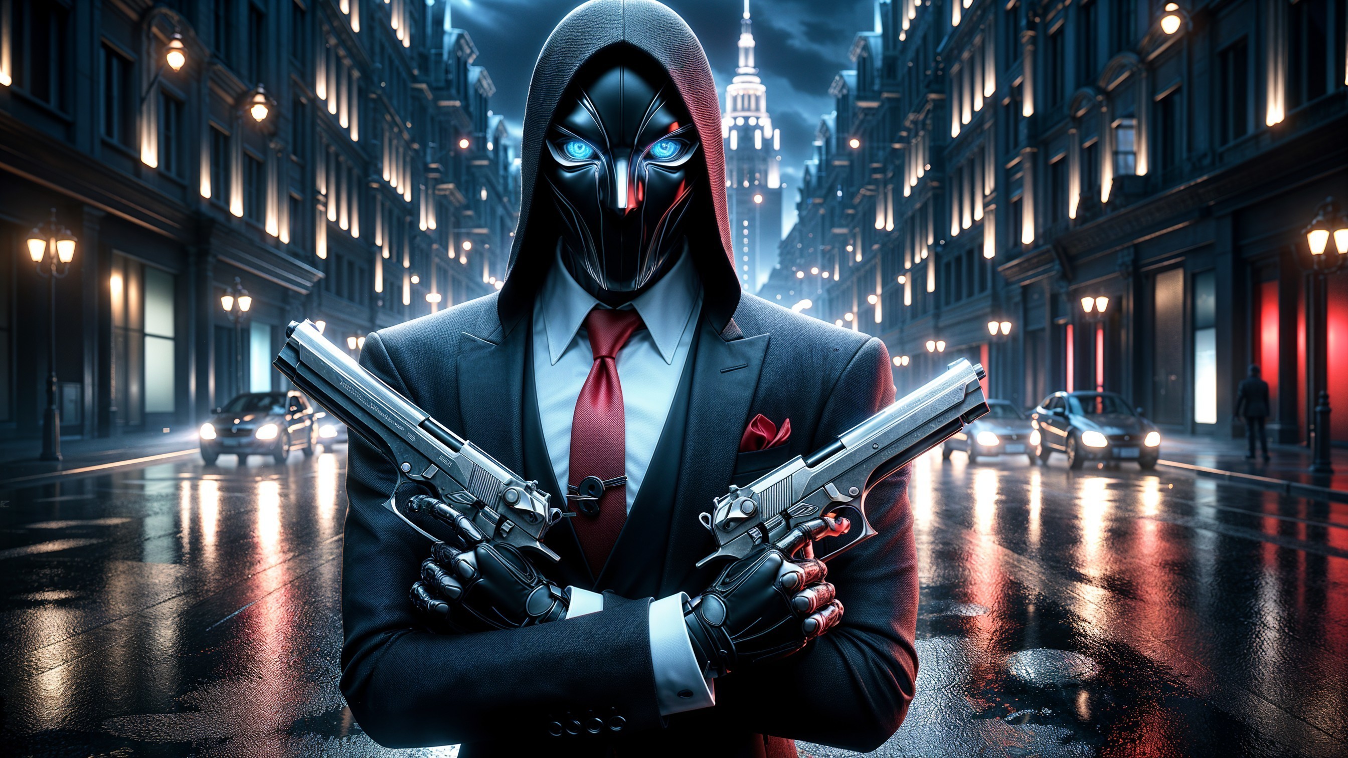 Mysterious Figure in Black Suit in Dystopian Cityscape