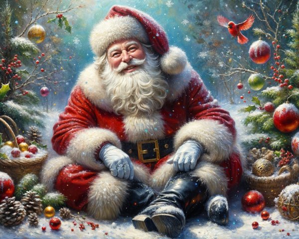 Santa Claus in a festive winter wonderland scene