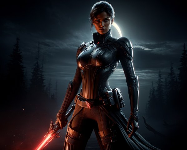 Fierce Female Character in Dark Armor with Lightsaber