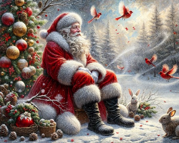 Cozy Winter Scene with Santa and Snowy Landscape