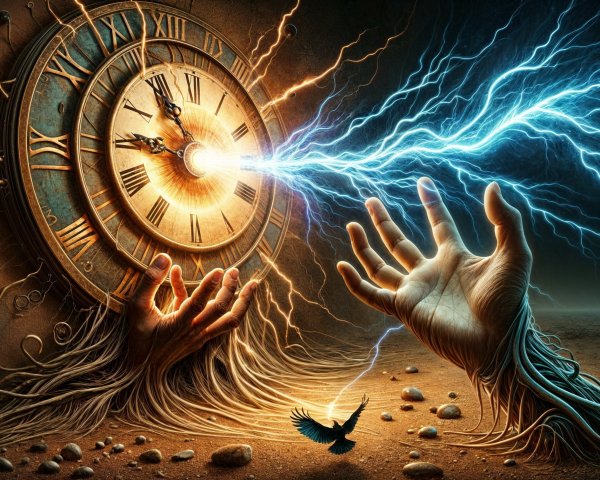 Surreal Scene of Clock with Glowing Hands and Lightning