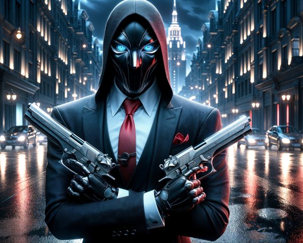 Mysterious Figure in Black Suit in Dystopian Cityscape