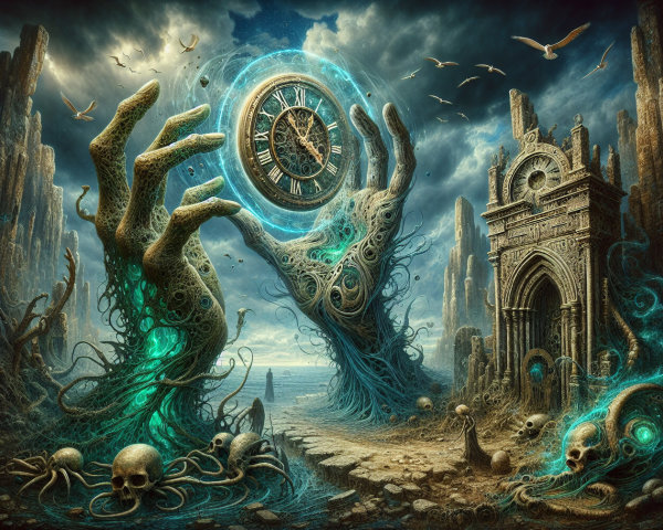Surreal Landscape with Skeletal Hands and Glowing Clock