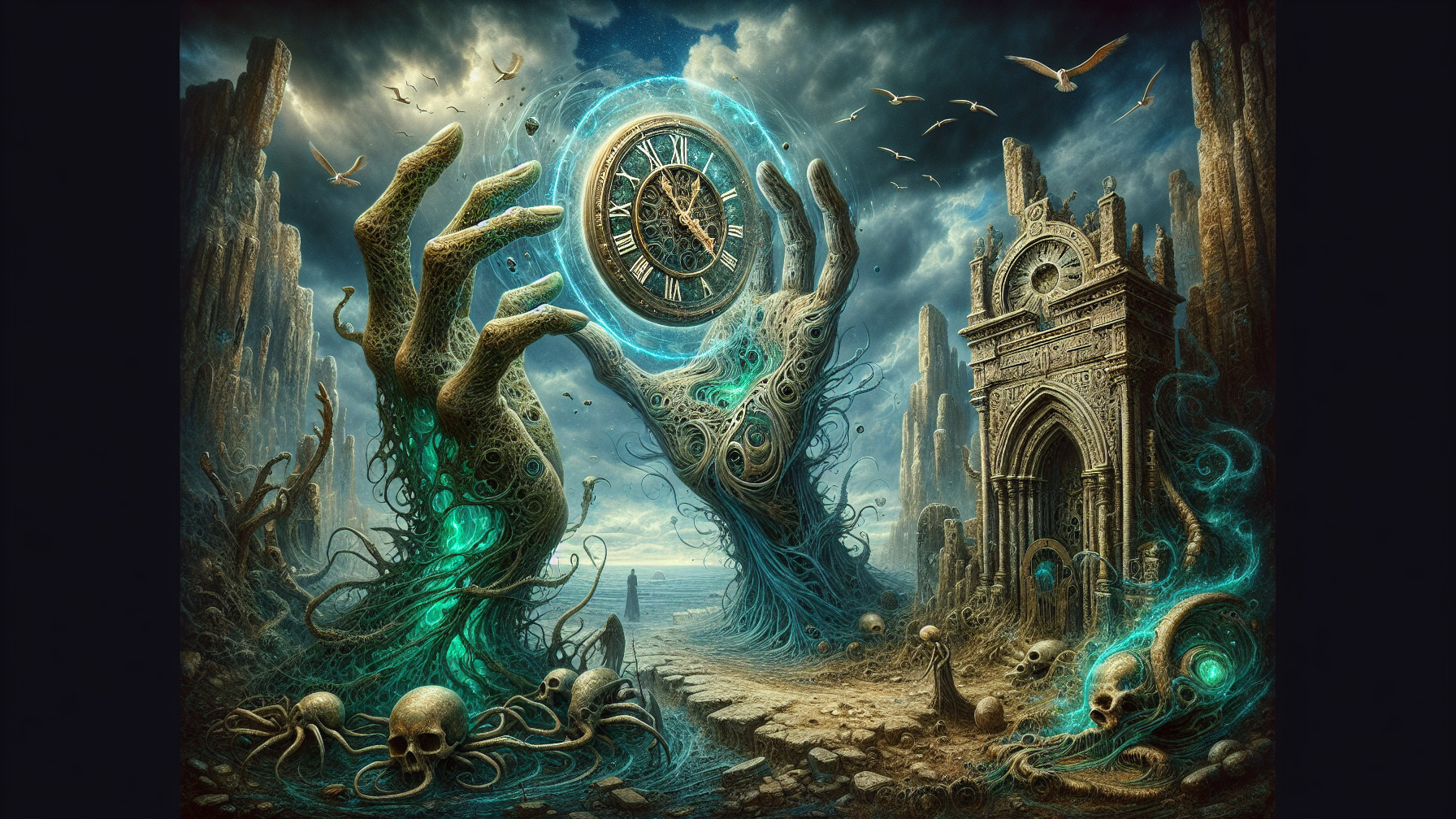 Surreal Landscape with Skeletal Hands and Glowing Clock