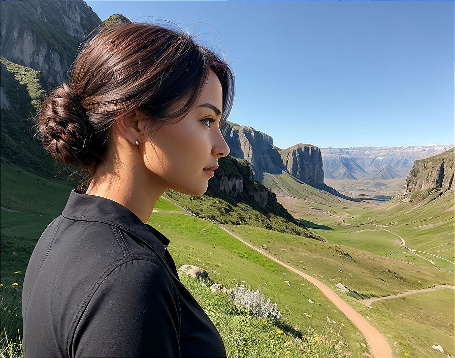 Young Woman in Thoughtful Pose Against Scenic Landscape