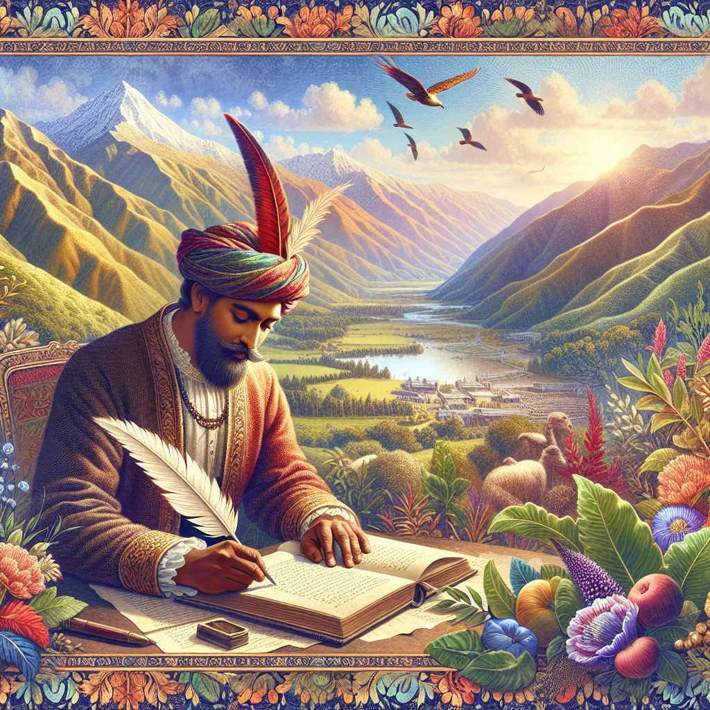 Regal figure in traditional attire writing in nature