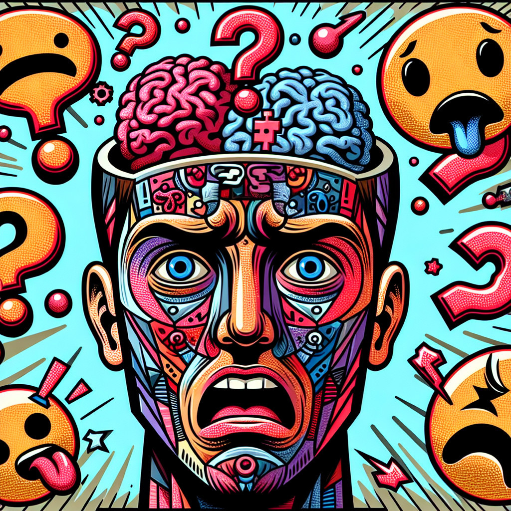 Surreal Head with Split Brain and Colorful Emojis