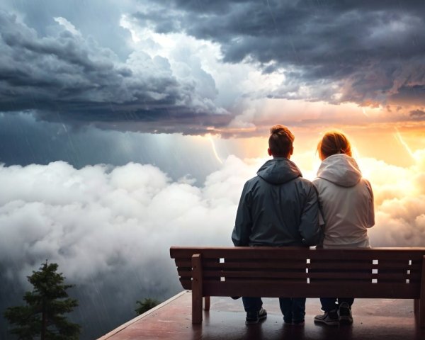 Couple on Bench Under Dramatic Lightning Sky