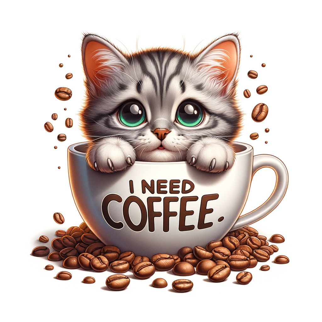 Fluffy Kitten in Coffee Cup with Playful Text