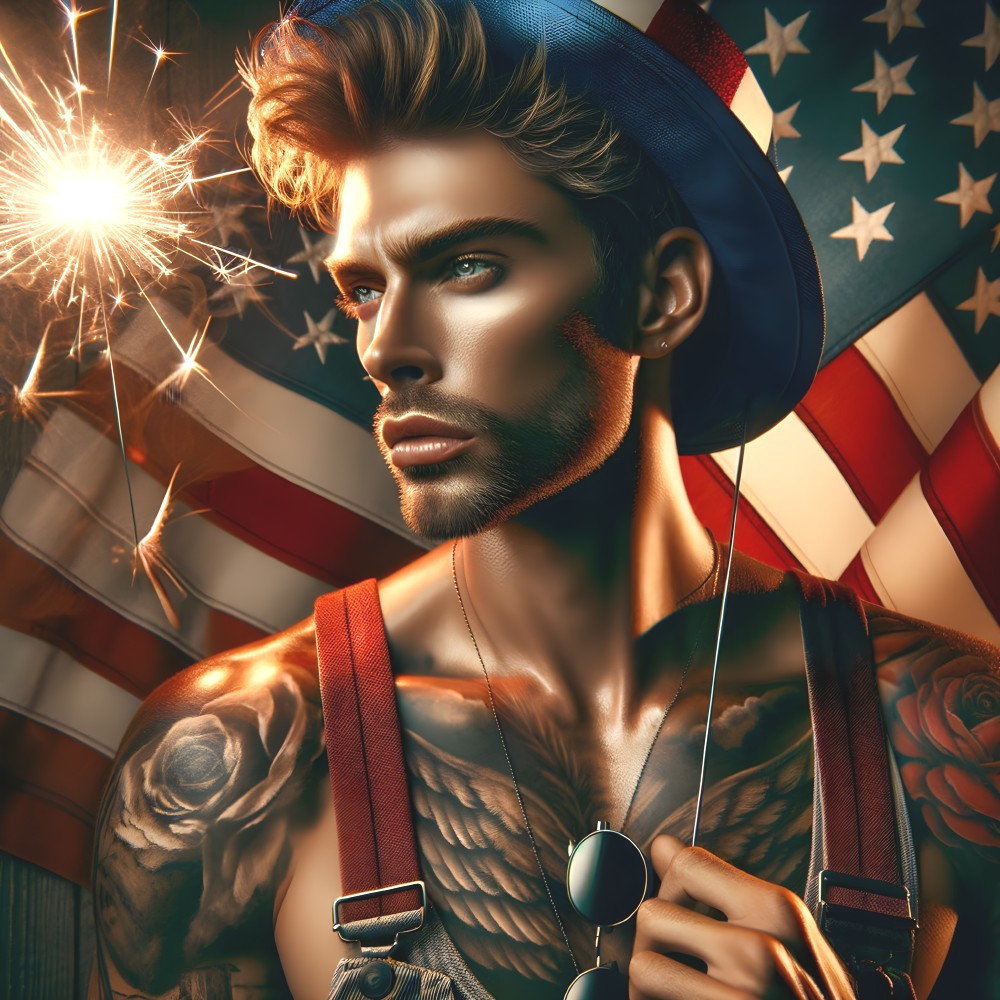 Portrait of a Confident Man with Tattoos and Fireworks
