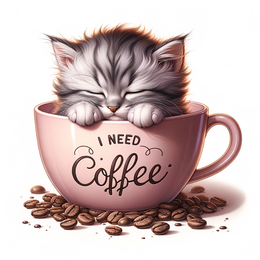 Fluffy Kitten Sleeping in Pink Coffee Cup with Beans