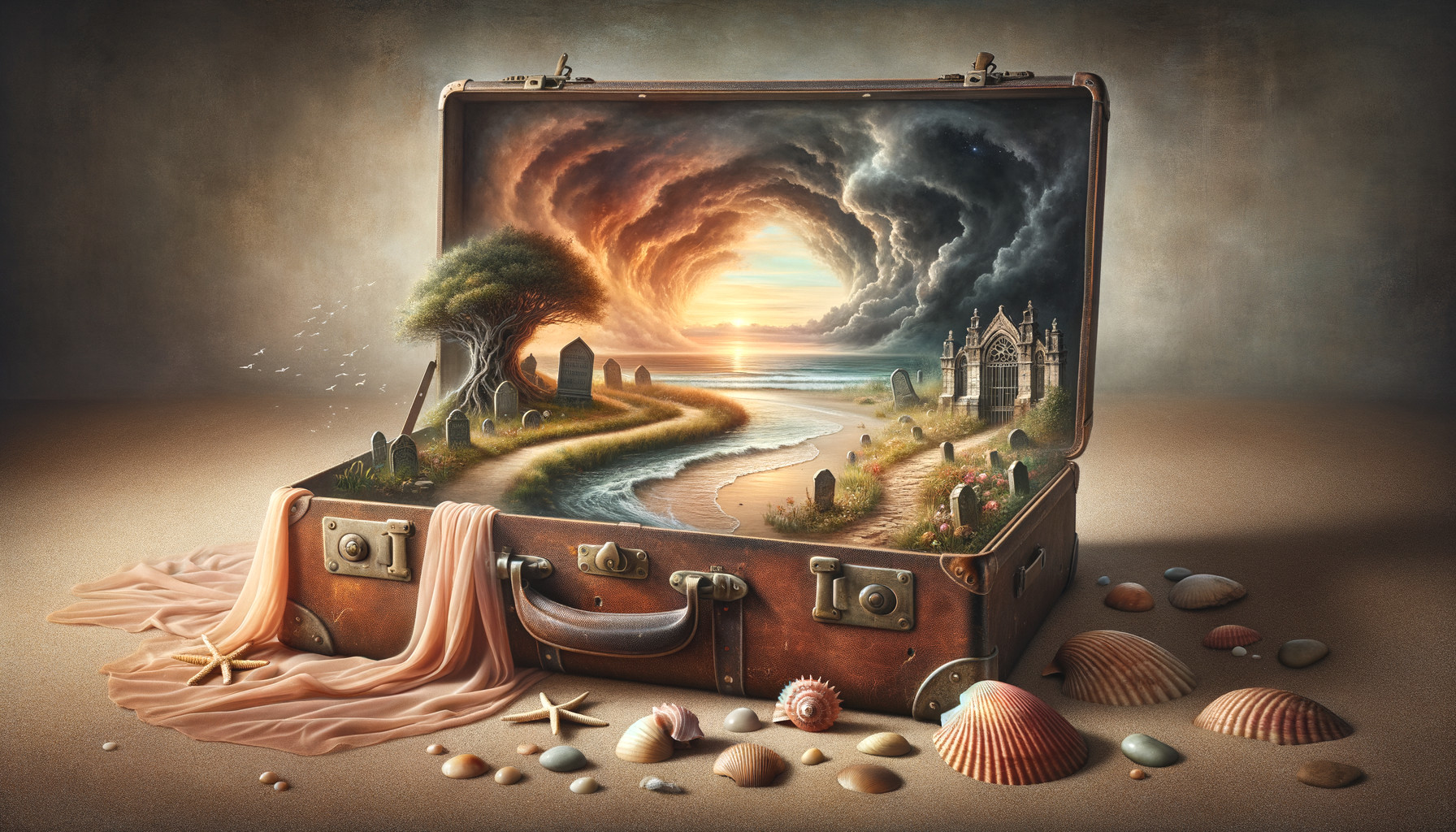 Open Suitcase with Surreal Beach Landscape Inside