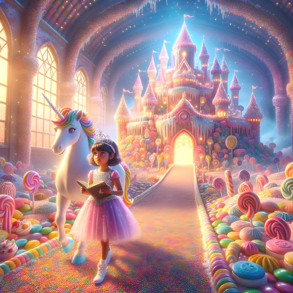 Whimsical Candyland with Girl and Shimmering Unicorn