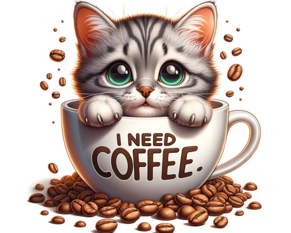Fluffy Kitten in Coffee Cup with Playful Text
