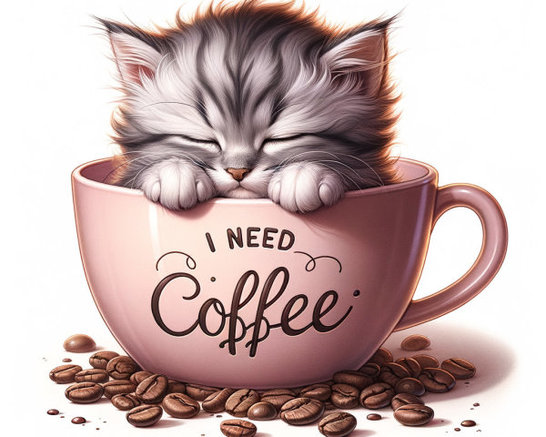 Fluffy Kitten Sleeping in Pink Coffee Cup with Beans