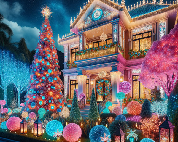 Festive House Decorated with Christmas Lights and Tree