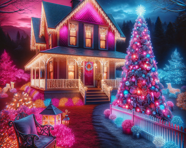 Brightly Lit House with Colorful Christmas Decorations