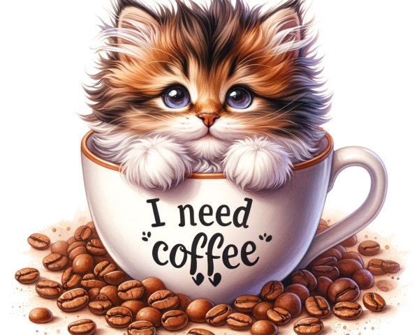 Calico Kitten in Coffee Cup with Beans Surrounding It