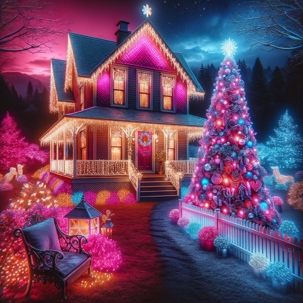 Brightly Lit House with Colorful Christmas Decorations