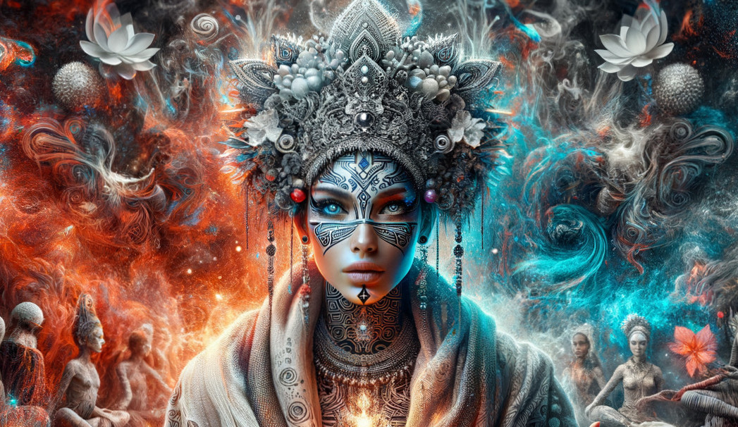 Intricate Figure with Headdress and Mystical Elements