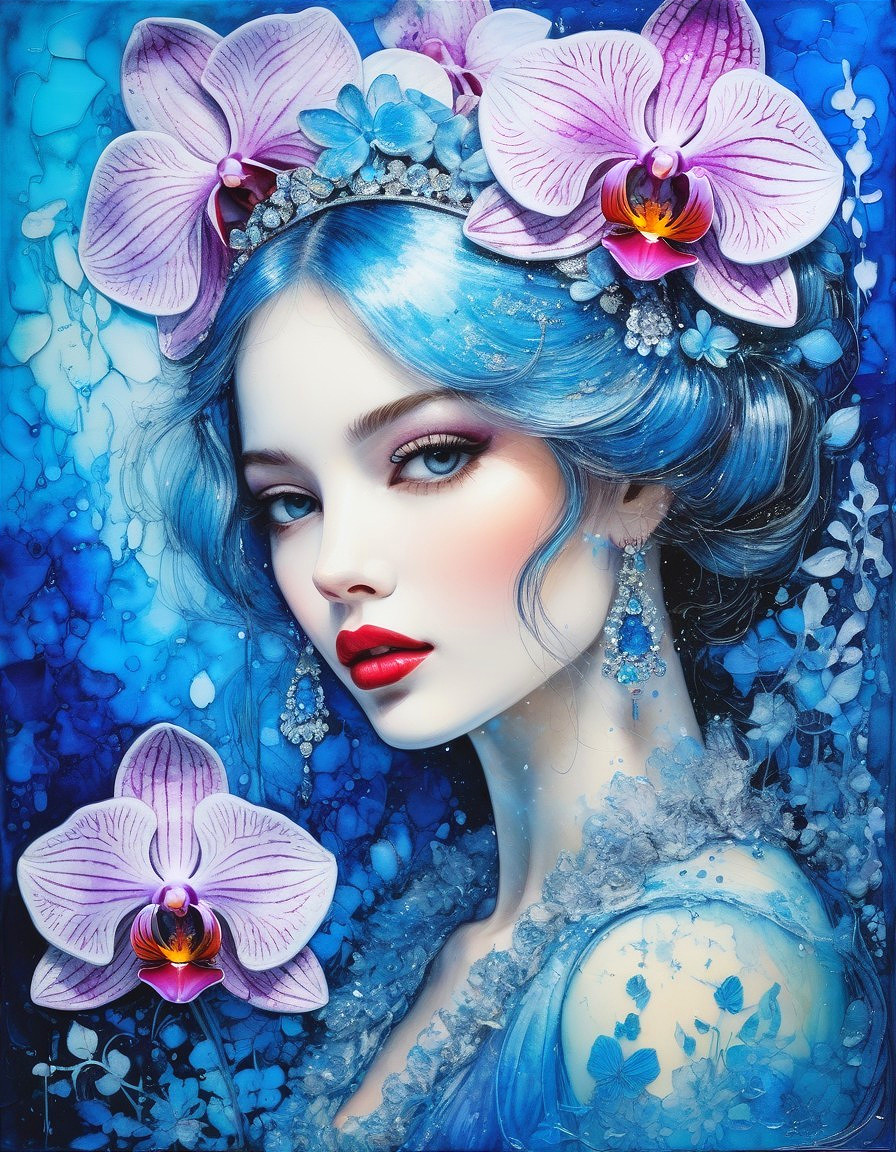 Portrait of a Woman with Blue Hair and Orchids
