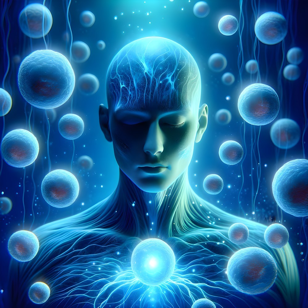 Serene Human Figure Surrounded by Luminous Spheres