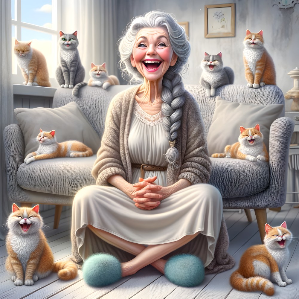 Elderly Woman with Cats in a Bright Living Room
