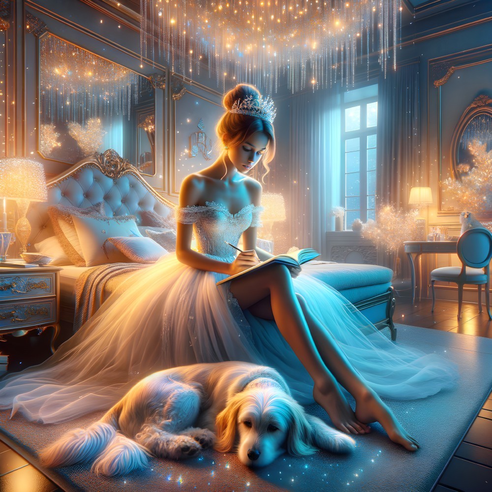 Elegant Bedroom Scene with Sparkling Gown and Dog