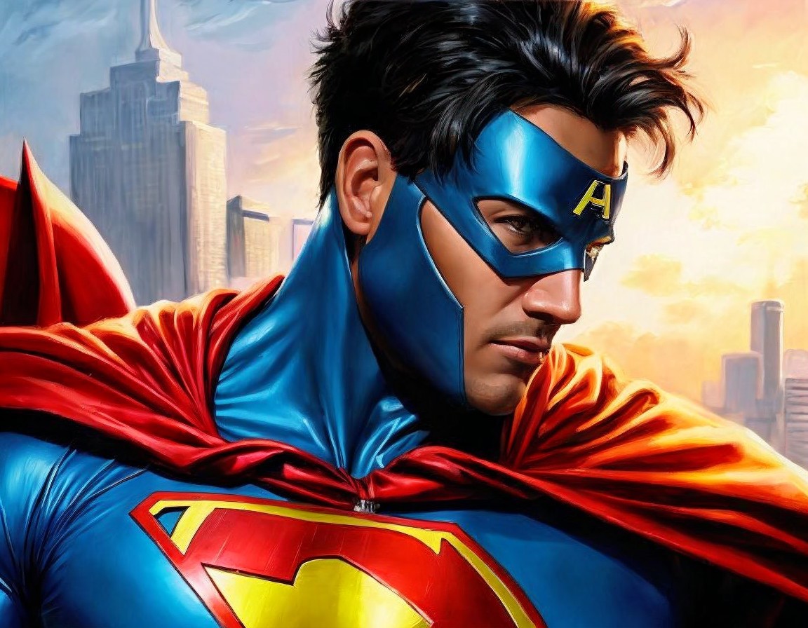 Superhero in Blue and Red Costume Against City Skyline