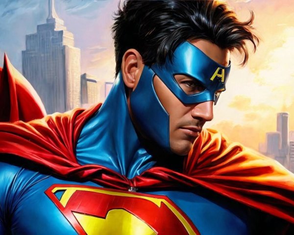 Superhero in Blue and Red Costume Against City Skyline