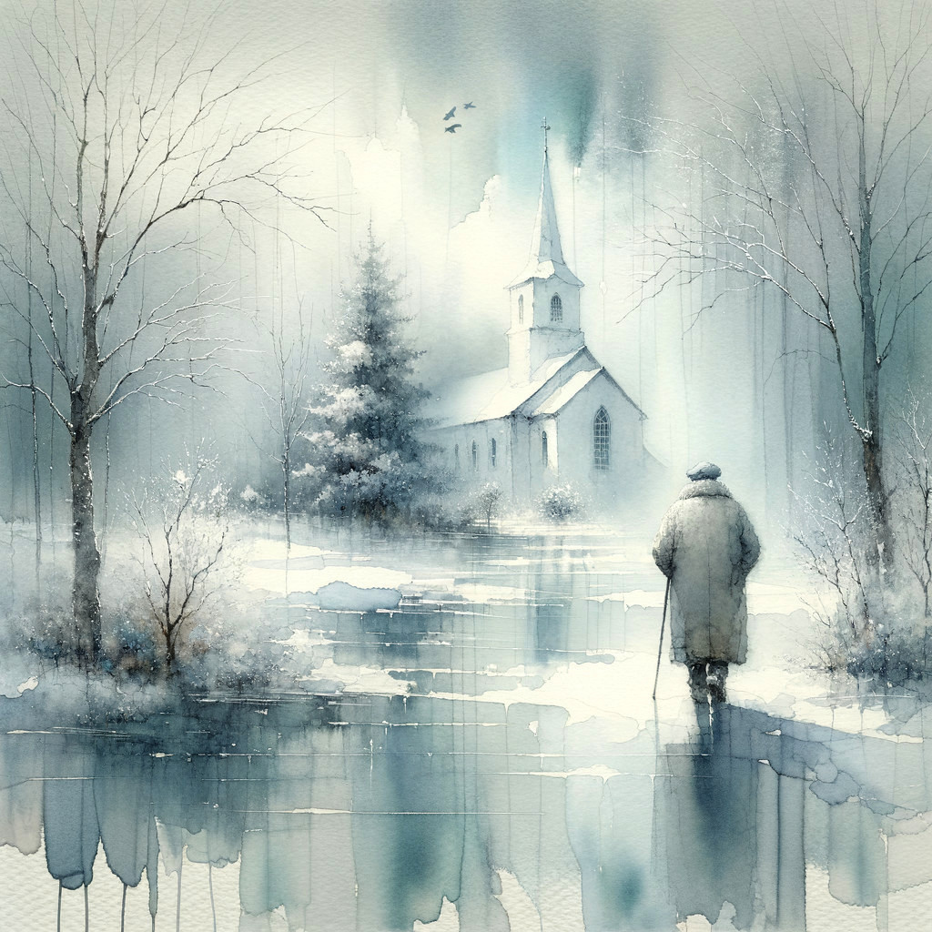 Serene winter landscape with solitary figure and church
