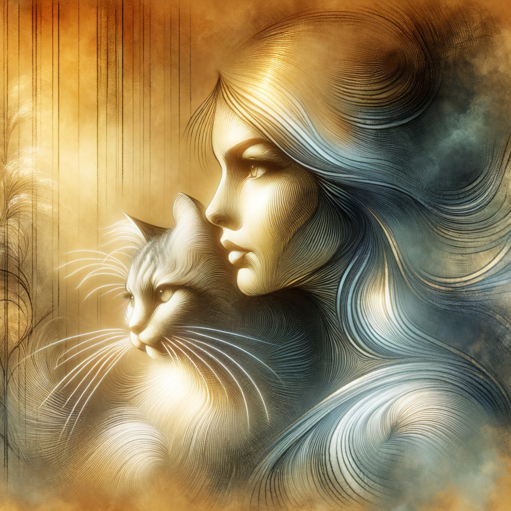 Ethereal Illustration of Woman and Cat in Soft Hues