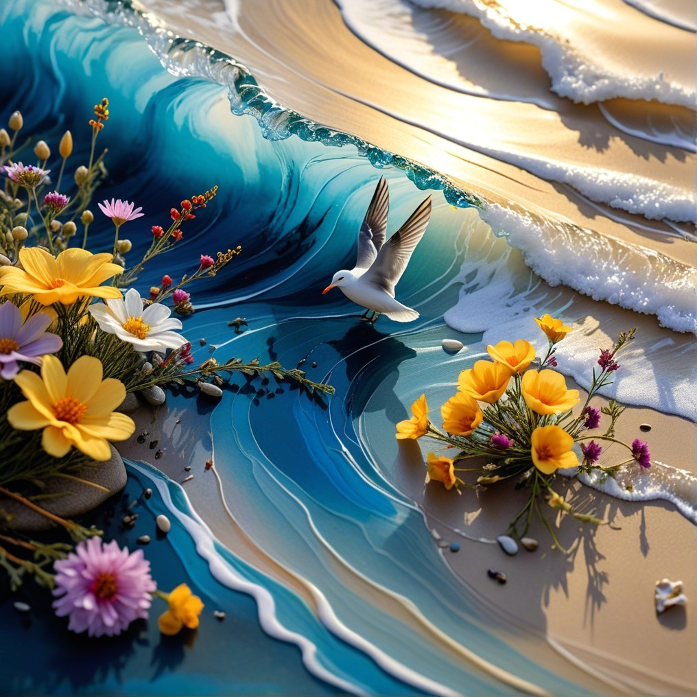 Vibrant Seascape with Waves and Coastal Flowers