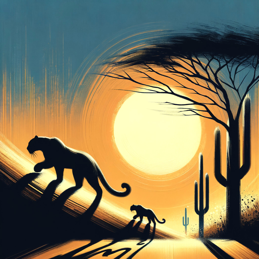 Silhouettes of Large Cats in Desert at Sunset